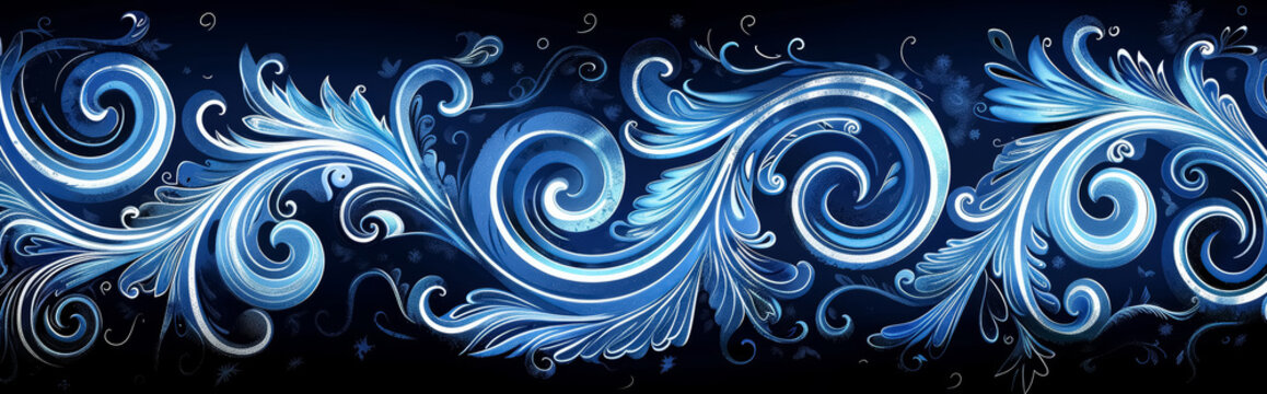 Maori koru blue and black background with spiral swirls and natural motifs. 