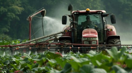 Farmer Operating Tractor Spraying Crops. Agricultural rural farmland