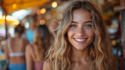 Obraz premium A realistic photograph, 8K resolution, shot on professional DSLR camera, tack-sharp focus, exquisite detail, high dynamic range, A bright image of friends walking together at a cafe, smiling 