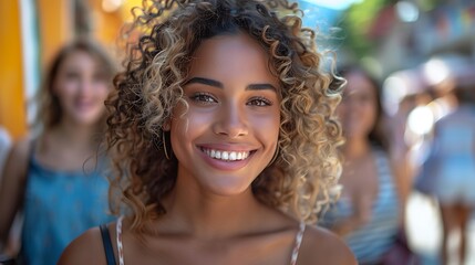 A realistic photograph, 8K resolution, shot on professional DSLR camera, tack-sharp focus, exquisite detail, high dynamic range, A bright image of friends walking together at a cafe, smiling 