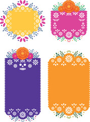 Marco o envolvente de papel picado colorido con flores cempasúchil de día de muertos en México