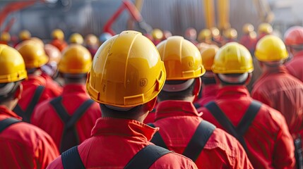 A large group of people wearing construction helmets, viewed from the back. A team of laborers of construction workers. The concept of unity, teamwork, meeting or asserting one's rights at a rally.