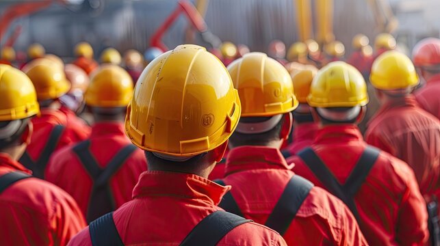 A large group of people wearing construction helmets, viewed from the back. A team of laborers of construction workers. The concept of unity, teamwork, meeting or asserting one's rights at a rally.