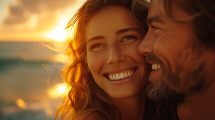 Fototapeta premium A realistic photograph, 8K resolution, shot on professional DSLR camera, tack-sharp focus, exquisite detail, high dynamic range,A heartwarming picture of couples laughing on the beach, showing 
