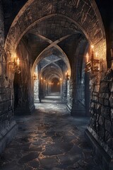 Fototapeta premium A dimly lit hallway in a medieval-style castle with stone walls