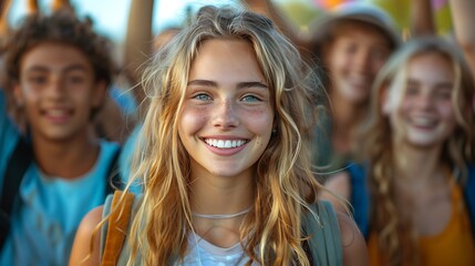 Fototapeta premium A realistic photograph, 8K resolution, shot on professional DSLR camera, tack-sharp focus, exquisite detail, high dynamic range,A vibrant picture of friends celebrating together at school, in 