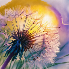Naklejka premium Ethereal Dandelion Seed Head at Sunset: Delicate Beauty in Vibrant Colors