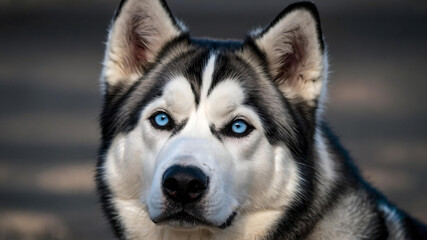 Obraz premium A strikingly elegant Siberian Husky, dotted with silver and black fur that gleams under a soft light, its piercing blue eyes reflecting a sense of intelligence and grace.