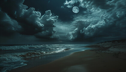 moon reflects off the dark ominous clouds overhead creating an otherworldly aura over the unsettling beach at night