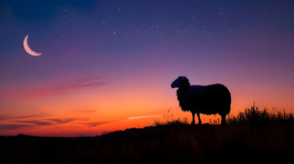 Naklejka premium Silhouette of a Sheep Under a Starry Night