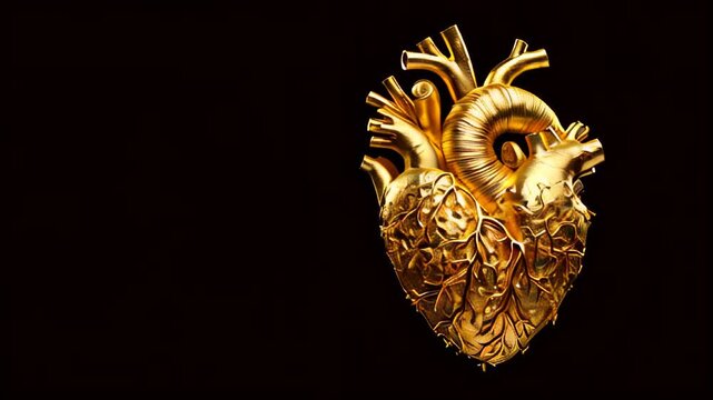 Golden anatomical human heart. Anatomy and medicine, health care concept. Internal organ made of gold isolated over black background