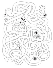 Children logic game to pass the maze. Color all the worms and find out which two worms got their tails tangled. Educational game for kids. Choose right path. Funny cartoon character. Coloring book