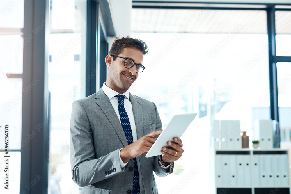 Poster happy, businessman and online with tablet in office for networking, risk assessment and audit prepar