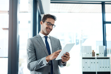 Happy, businessman and online with tablet in office for networking, risk assessment and audit...