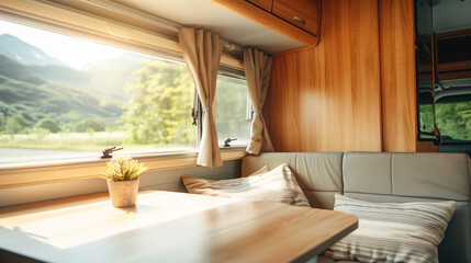 Fototapeta premium The interior of a modern camper with an elegant table, a comfortable sofa and curtains on the windows. A mobile home on wheels, perfect for travel and holiday adventures. 