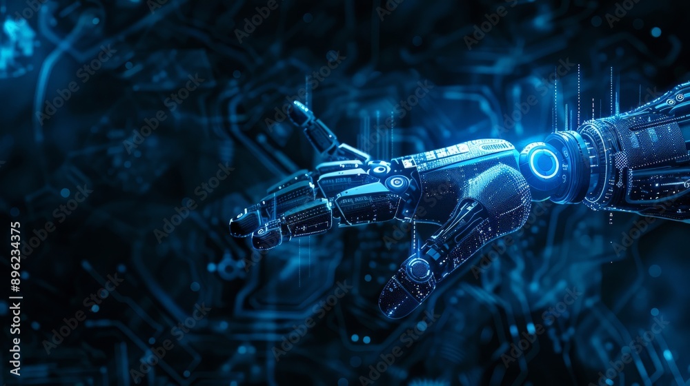 Aufkleber Robotic hand in a futuristic setting with digital connections, symbolizing advanced technology and AI. Ideal for sci-fi and innovation concepts.