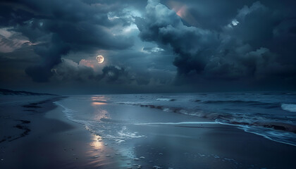 Fototapeta premium moon reflects off the dark ominous clouds overhead creating an otherworldly aura over the unsettling beach at night