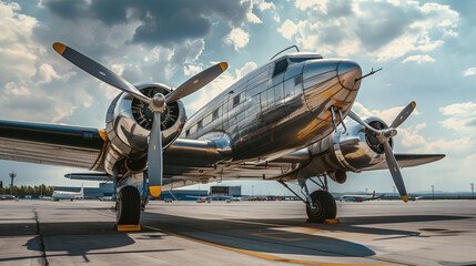 Retro cargo plane on the airport runway. A classic, historical aircraft with characteristic propellers.
