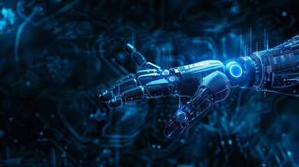 Robotic hand in a futuristic setting with digital connections, symbolizing advanced technology and AI. Ideal for sci-fi and innovation concepts.