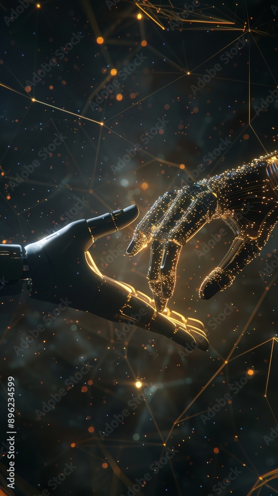 Poster robotic hands reaching out with digital connections, symbolizing technology and human connection. id