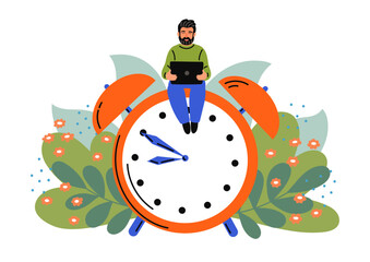 Time management. Man sitting on alarm clock working on laptop.