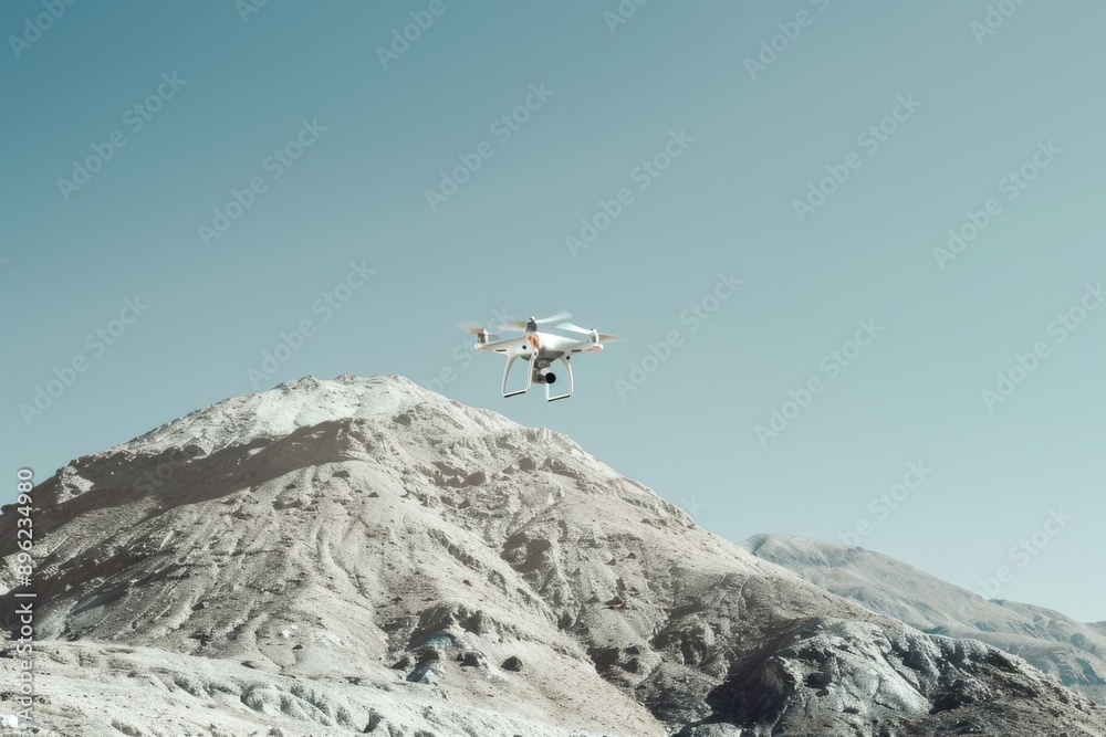 Aufkleber aerial view of a small white drone flying above a mountain range with rugged terrain and scenic view