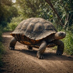 Fototapeta premium A wise old tortoise slowly crossing a path.