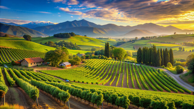 Vibrant illustration of a serene Chilean vineyard valley in South America, with rolling hills, lush green fields, and a picturesque winery amidst a tranquil landscape.