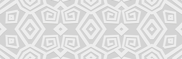Embossed white background, cover design, banner. Geometric Greek key 3D pattern, decorative ancient meander. Ethnic ornaments. Traditions of the East, Asia, India, Mexico, Aztec, Peru, Greece.