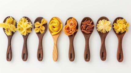Fototapeta premium Different pasta types in wooden spoons, placed neatly on a white background
