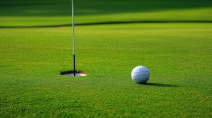 Obraz premium Golf ball poised near the hole on a perfectly manicured green grass course