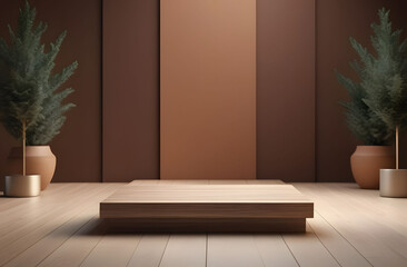 Wooden podium in a 3d room with ornamental plants in a pot on the sides and a warm brown wall. The pedestal is blank to place your products and ads.
