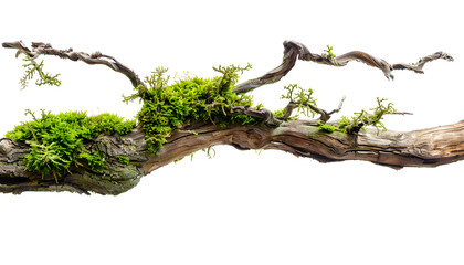 Dry tree branch with moss isolated on white