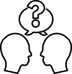 Two business people are having a discussion under a speech bubble containing a question mark. Editable Stroke. Vector Illustration.