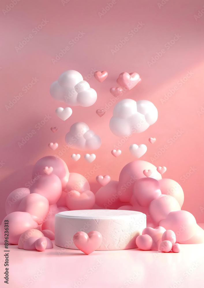 Wall mural pink hearts and clouds product stand.