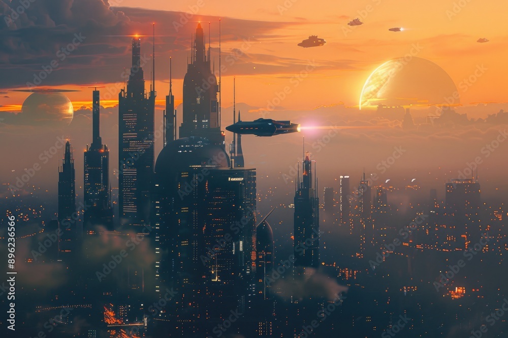 Poster futuristic cityscape with a spaceship soaring above the buildings