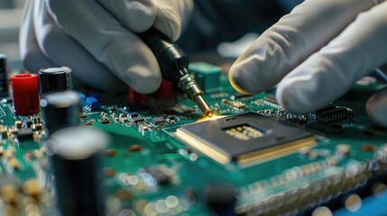 A technician applying a protective coating to computer hardware components to ensure durability and resistance to corrosion.