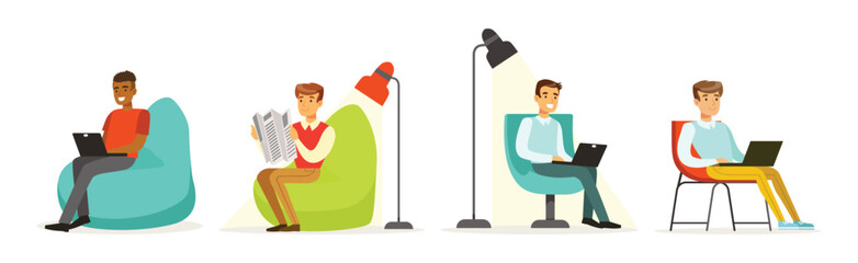 Man Freelancer Character at Coworking Space Vector Set