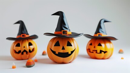 3D of Handmade Halloween Pumpkin Mascots in Witch Hats on White Background