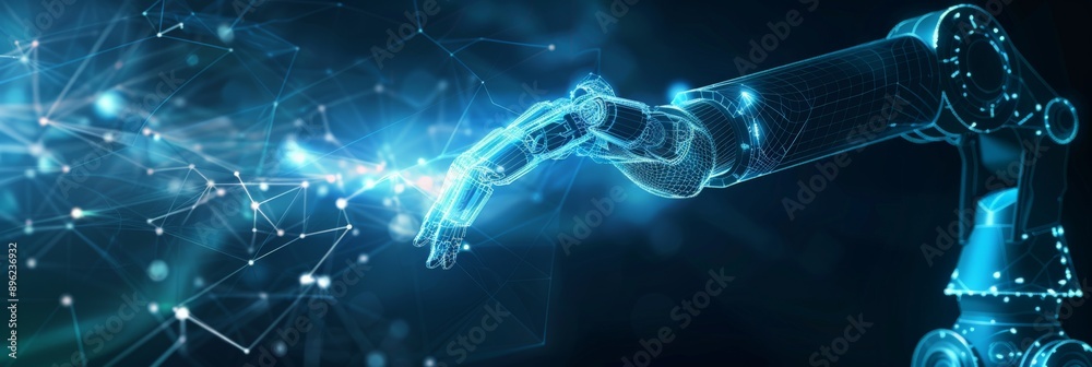 Poster Digital rendering of a robotic arm with neon blue highlights. Ideal for illustrating AI, data networks, and technology.