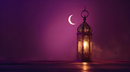 Ornate Lantern and Crescent Moon Against Purple Sky