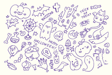 Halloween set. Trick or treat. Hand-drawn kids doodle. Childrens pen scribbles on a piece of paper. Set. Funny cartoon characters. Vector illustration. Isolated on white background. Seamless pattern