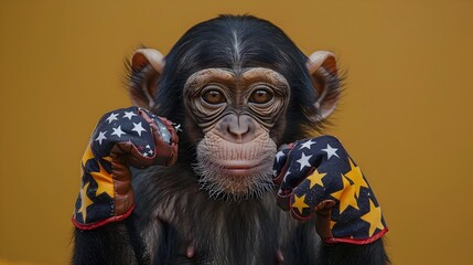 Adorable Monkey in Patriotic Star Gloves on Minimalist Colorful Background
