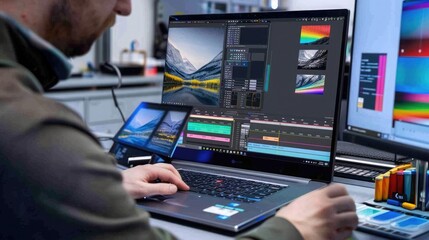 A technician calibrating and testing the displays of laptops and monitors to ensure accurate color reproduction and clarity.