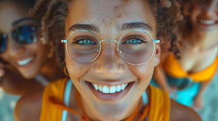 A realistic photograph, 8K resolution, shot on professional DSLR camera, tack-sharp focus, exquisite detail, high dynamic range,A fun image of friends taking selfies in a park, capturing the 