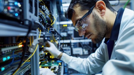 A technician conducting electromagnetic interference (EMI) tests on computer components to ensure they meet regulatory standards.