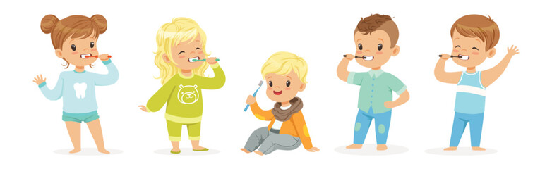 Kids Brushing Teeth Enjoy Oral Hygiene Routine Vector Set