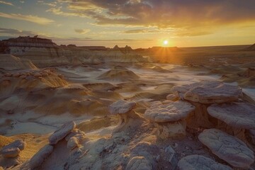 Obraz premium A stunning sunset scene in a desert landscape with sand dunes and distant mountains