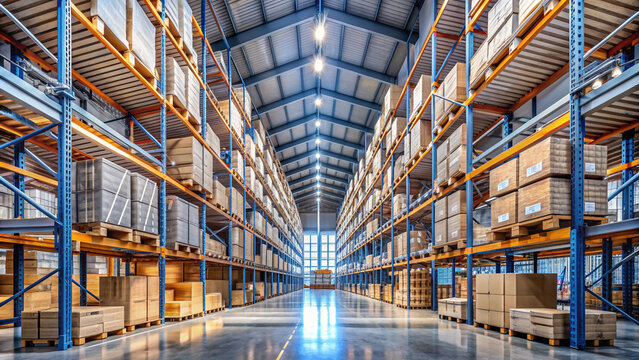 Racks of boxes and shelves filled with inventory stretch towards the ceiling in a large, well-organized warehouse with a sleek, modern industrial aesthetic.