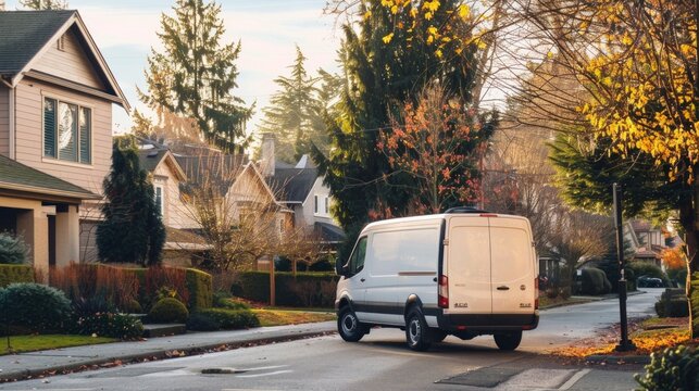 Commercial van delivers cargo to suburban custmers. Shipping parcels goods and orders in the countryside. Light duty truck